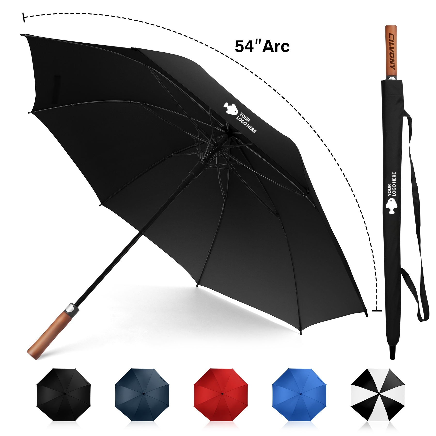F0012 54" Arc Auto Open Stick Umbrella with Wooden Handle